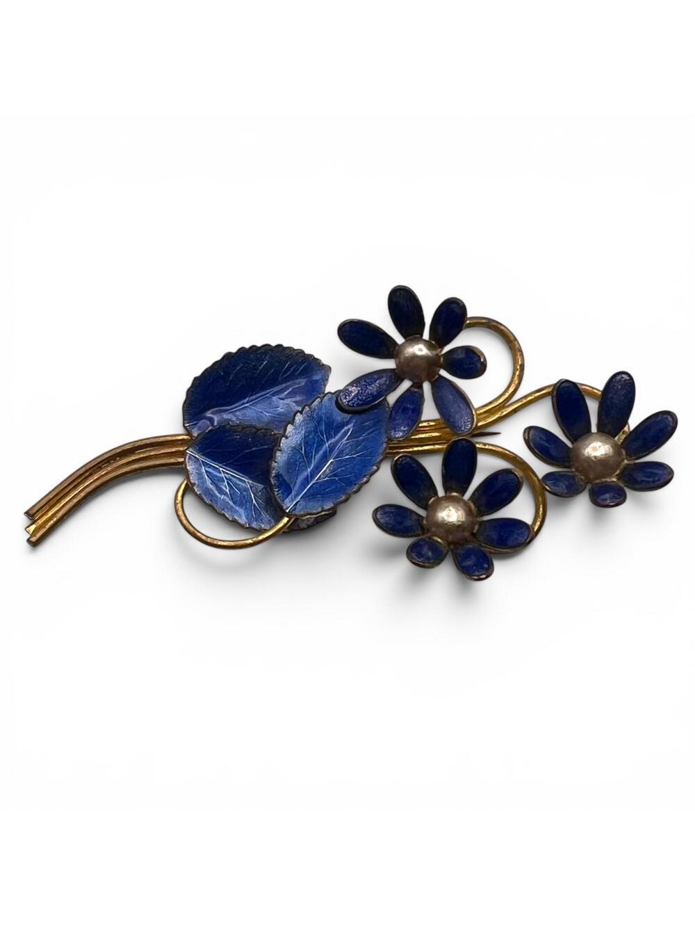 Vintage Cobalt Blue Enamel Floral Brooch